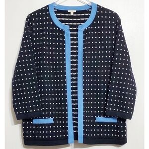 Talbots Xl 3/4 sleeves knit open front cardigan sweater polka dots black blue